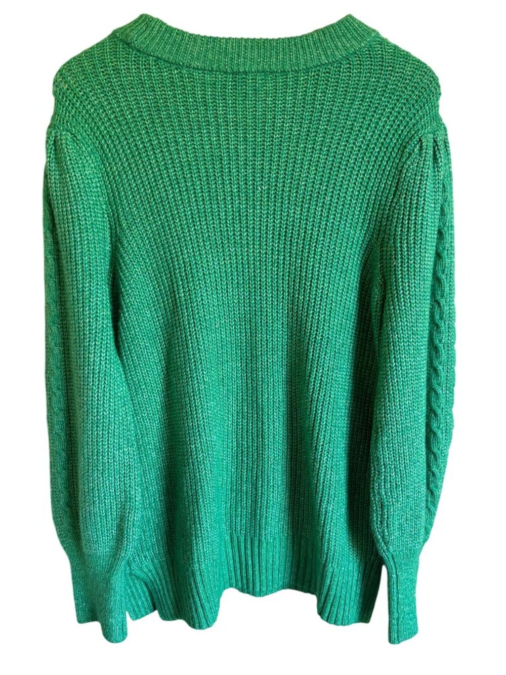 Crown & Ivy 1X Green Cable Knit Puff Sleeve Crewneck Sweater - Picture 2 of 7